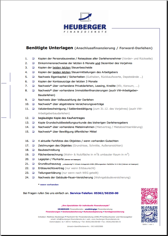 HEUBERGER Finanzdienste Unterlagen für Anschlussfinanzierung Forward-Darlehen HEUBERGER Finanzdienste Unterlagen für Anschlussfinanzierung Forward-Darlehen